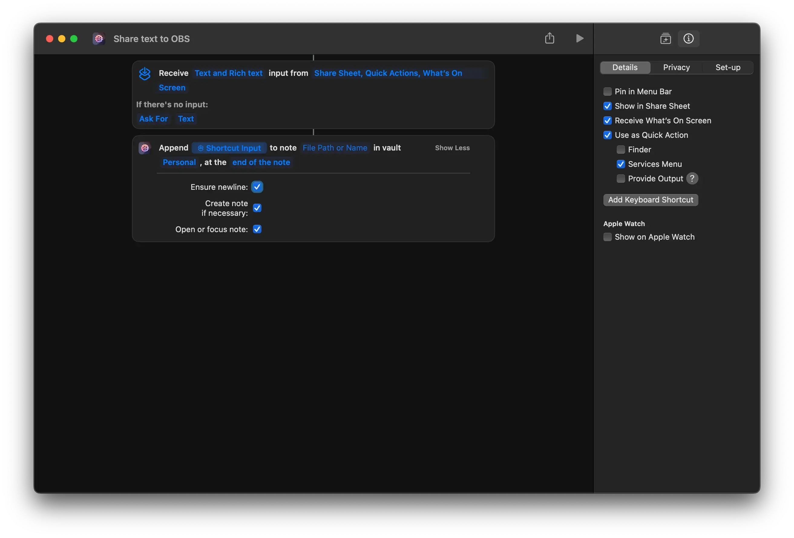 Bring the power of Apple Shortcuts to Obsidian