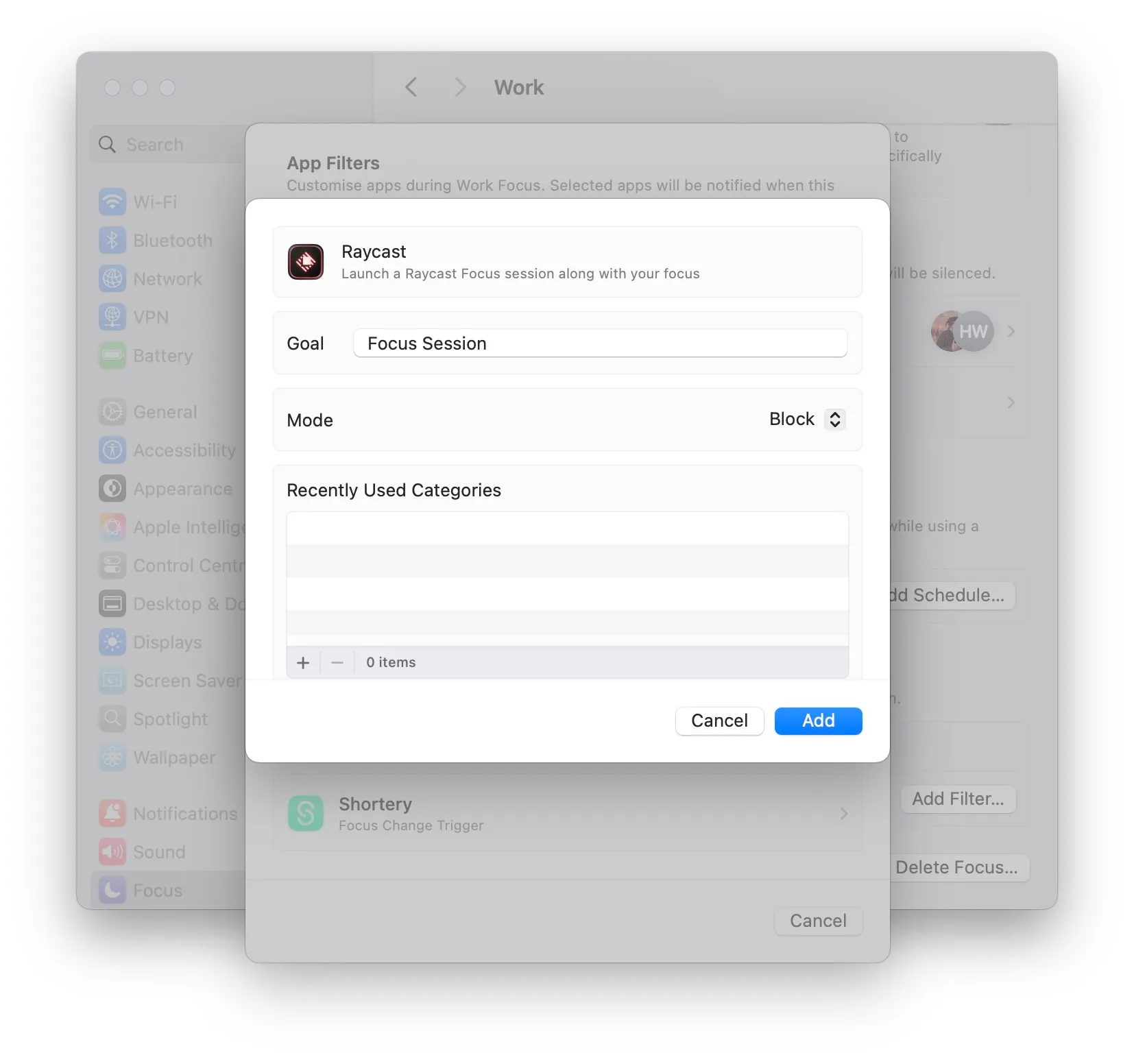 A screenshot of the Raycast focus filter