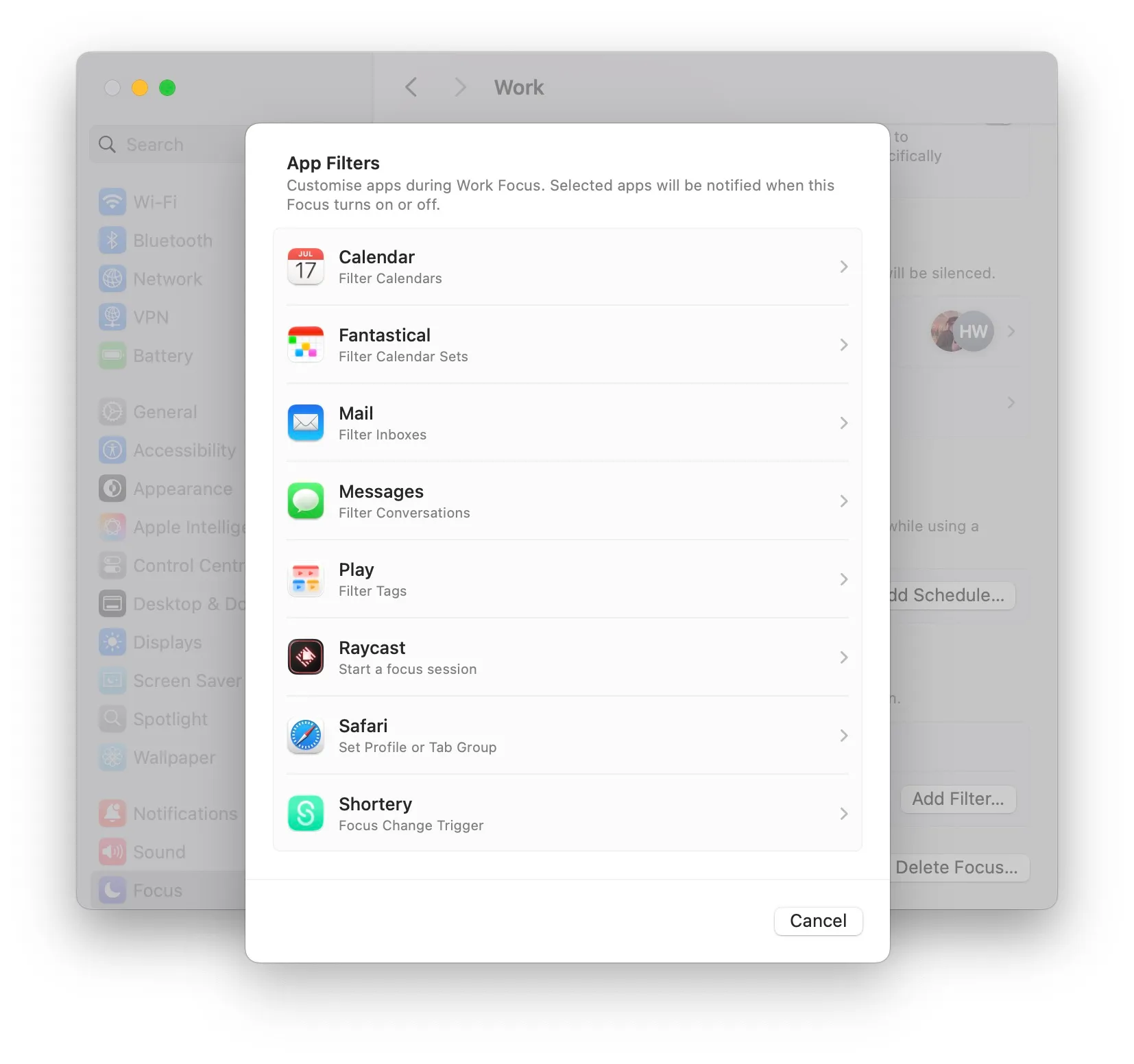 A screenshot of application filters in focus modes