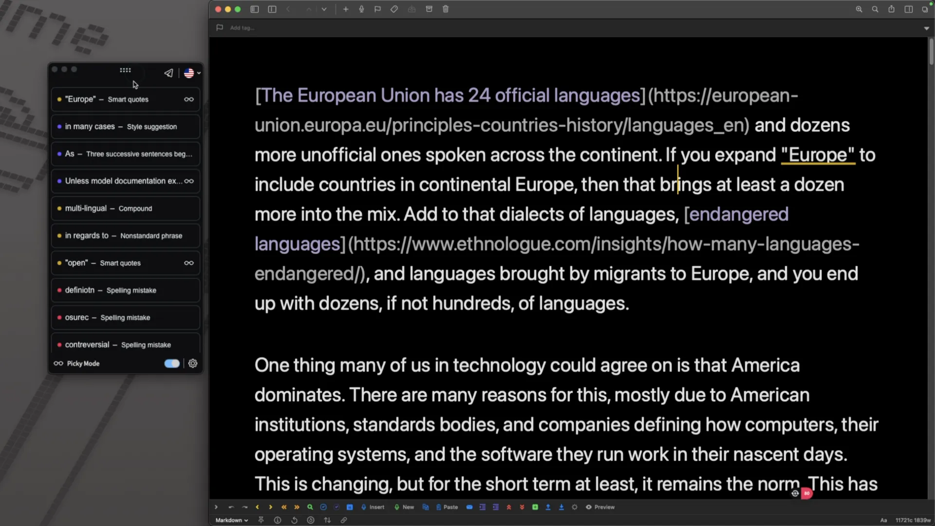 A screenshot of LanguageTool showing issues and suggestions
