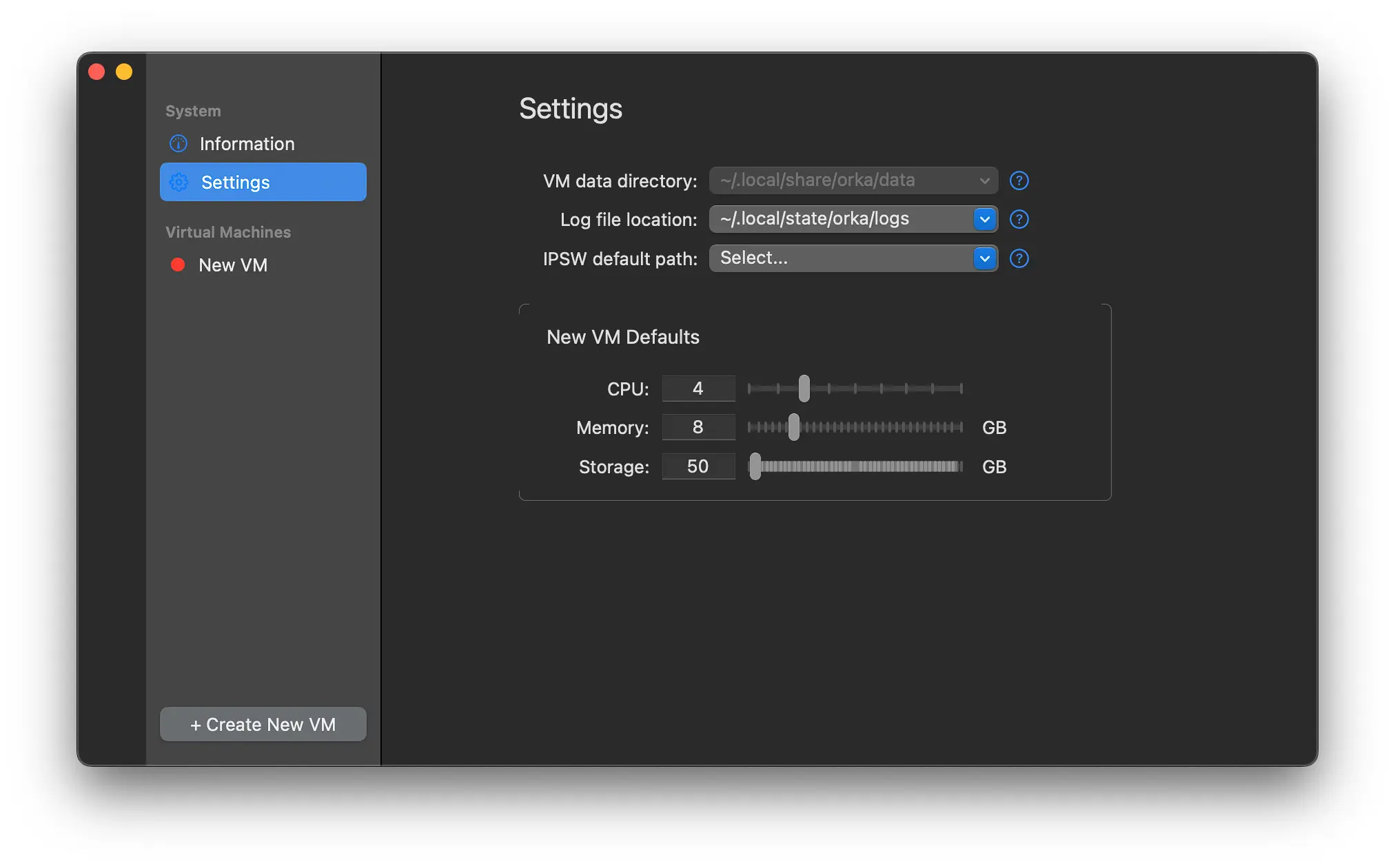 A screenshot of Orka Desktop's main settings screen