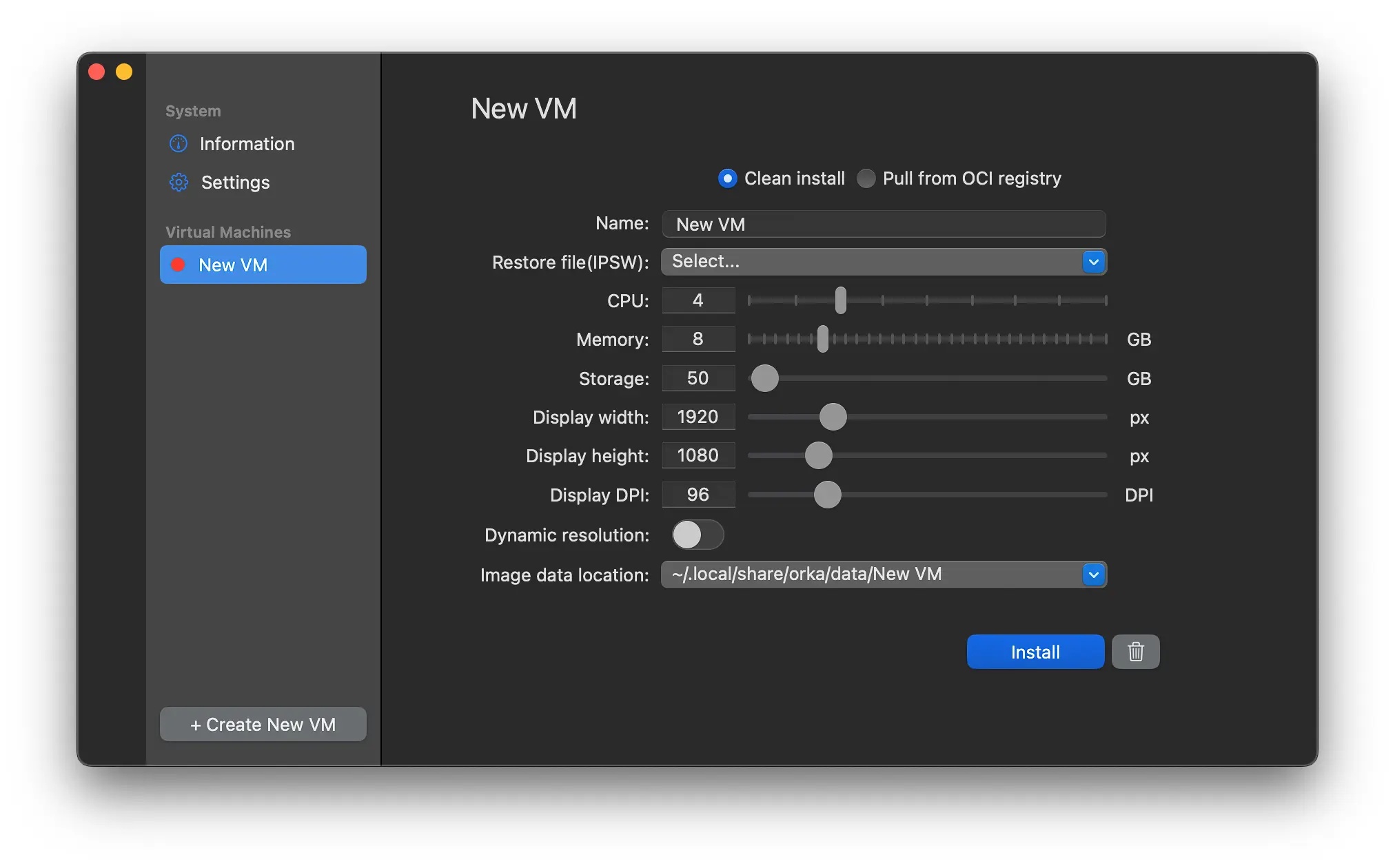 A screenshot of Orka Desktop's VM settings screen