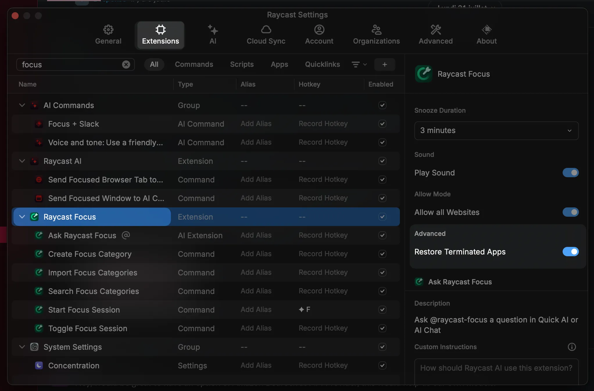 A screenshot of the Raycast focus settings